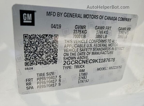 2GCRCNEC9K1187678 2019 CHEVROLET SILVERADO White Вид наклейки з VIN-кодом