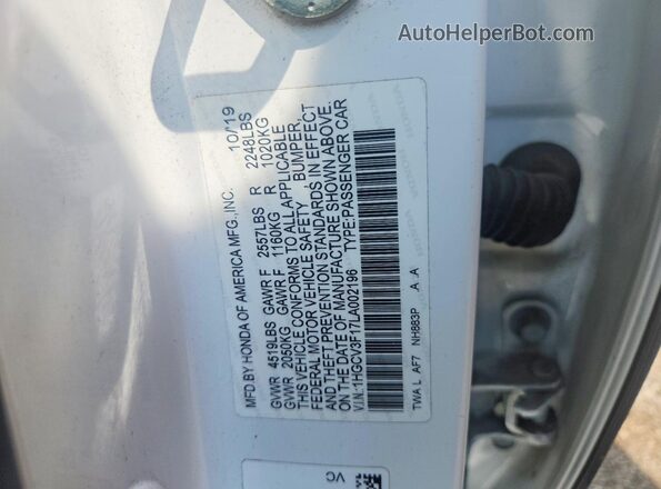 1HGCV3F17LA002196 2020 HONDA ACCORD White Вид наклейки з VIN-кодом