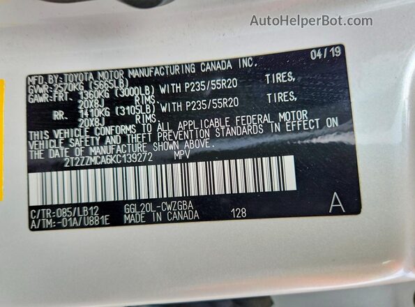 2T2ZZMCA6KC139272 2019 LEXUS RX White სალონის 360-გრადუსიანი ხედი