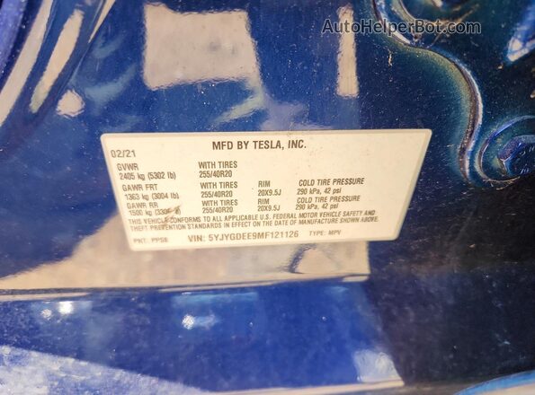 5YJYGDEE9MF121126 2021 TESLA MODEL Blue VIN կոդի պիտակի տեսք