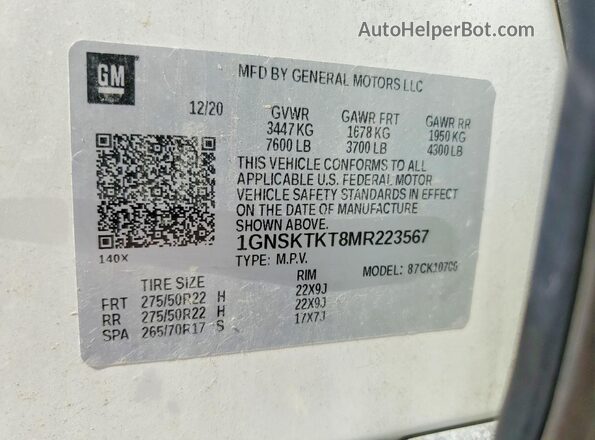 1GNSKTKT8MR223567 2021 CHEVROLET TAHOE White Սալոնի 360 աստիճան տեսք