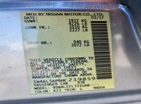 1N4AL3AP6HC219859 2017 NISSAN ALTIMA Silver VIN sticker view