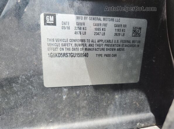 1G6KD5RS7GU158940 2016 CADILLAC CT6 Серый Вид наклейки с VIN-кодом