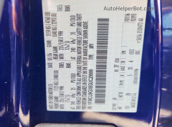 1FMCU9GX8GUC29999 2016 FORD ESCAPE Синий Вид наклейки с VIN-кодом