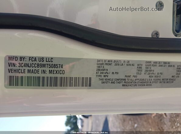 3C4NJCCB9MT508574 2021 JEEP COMPASS Белый Вид подкапотного пространства