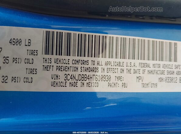3C4NJDBB4HT610930 2017 JEEP COMPASS Blue Շարժիչի բաժամունքի տեսք
