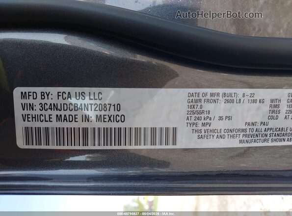 3C4NJDCB4NT208710 2022 JEEP COMPASS Серый Вид подкапотного пространства