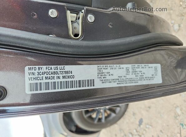 3C4PDCAB0LT278974 2020 DODGE JOURNEY Gray Вид наклейки з VIN-кодом