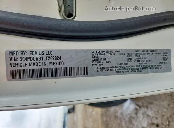 3C4PDCAB1LT262024 2020 DODGE JOURNEY Белый Вид наклейки с VIN-кодом
