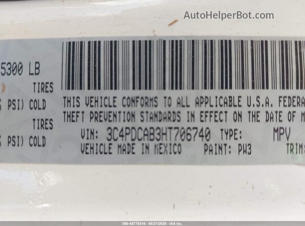 3C4PDCAB3HT706740 2017 DODGE JOURNEY White Engine compartment view