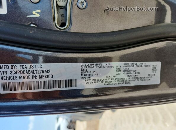 3C4PDCAB4LT276743 2020 DODGE JOURNEY Silver Widok naklejki z numerem VIN