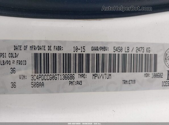3C4PDCCG0GT136686 2016 DODGE JOURNEY White ძრავის განყოფილების ხედი