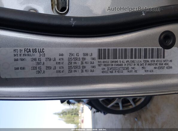 3C4PDDEG1KT732305 2019 DODGE JOURNEY Silver ძრავის განყოფილების ხედი