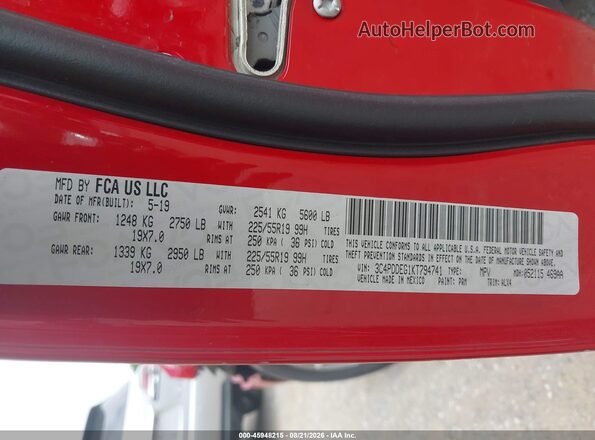 3C4PDDEG1KT794741 2019 DODGE JOURNEY Red ძრავის განყოფილების ხედი