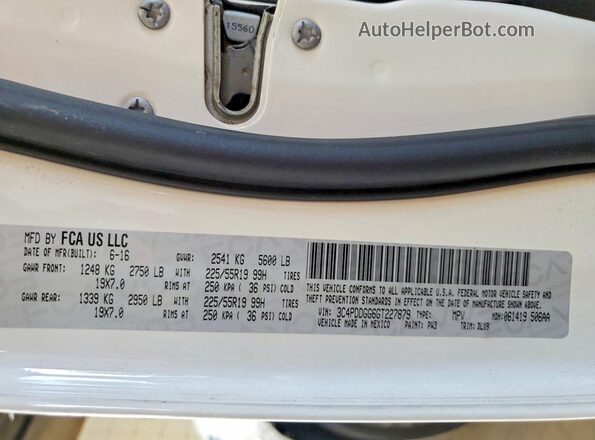 3C4PDDGG6GT227879 2016 DODGE JOURNEY White Vista de la etiqueta del VIN