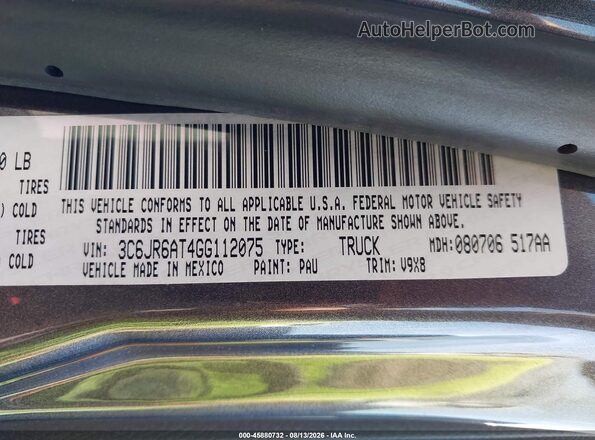 3C6JR6AT4GG112075 2016 RAM 1500 Gray Vista del compartimento del motor