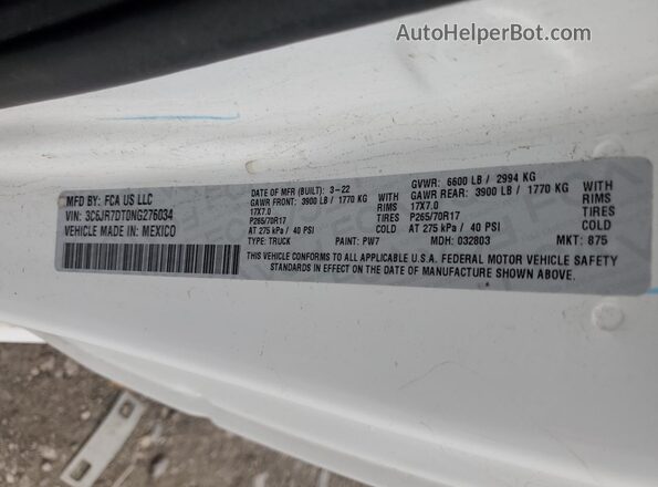 3C6JR7DT0NG276034 2022 RAM 1500 White VIN კოდის სტიკერის ხედი