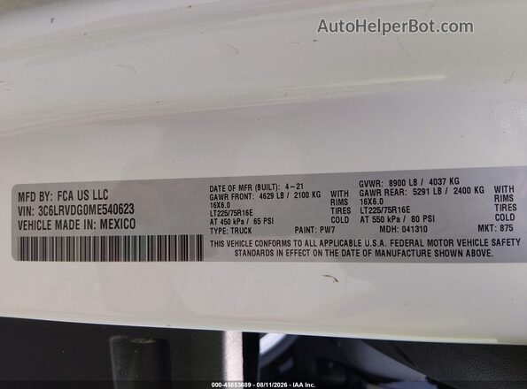 3C6LRVDG0ME540623 2021 RAM PROMASTER 2500 White Widok komory silnika