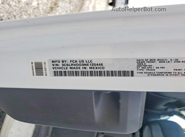 3C6LRVDG9NE125446 2022 RAM PROMASTER White VIN կոդի պիտակի տեսք
