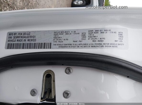 3C6RR7KG4LG270131 2020 RAM 1500 CLASSIC White Engine compartment view