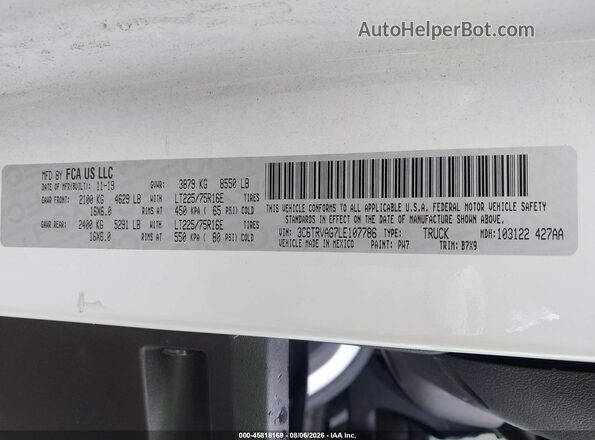 3C6TRVAG7LE107786 2020 RAM PROMASTER 1500 White Widok komory silnika