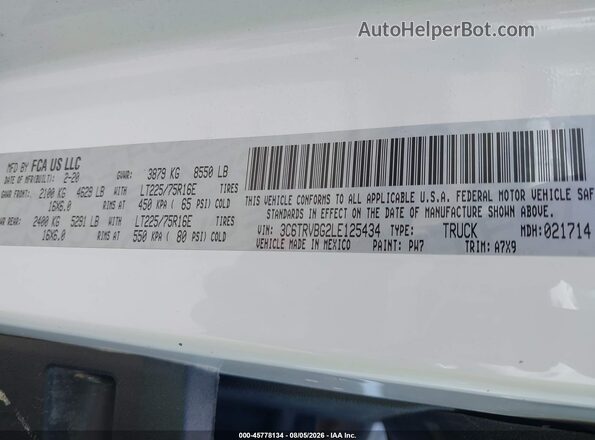 3C6TRVBG2LE125434 2020 RAM PROMASTER 1500 White Widok komory silnika
