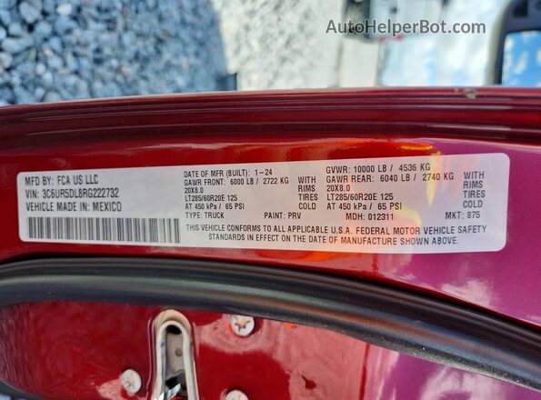 3C6UR5DL8RG222732 2024 RAM 2500 Burgundy Widok naklejki z numerem VIN