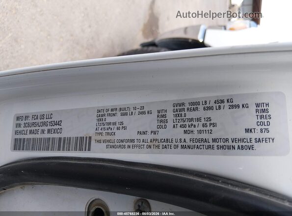 3C6UR5HJ3RG153442 2024 RAM 2500 Белый Вид подкапотного пространства