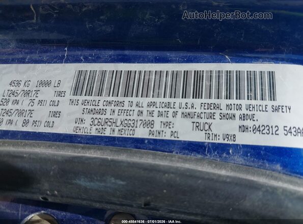 3C6UR5HLXGG317008 2016 RAM 2500 Blue Вид підкапотного простору