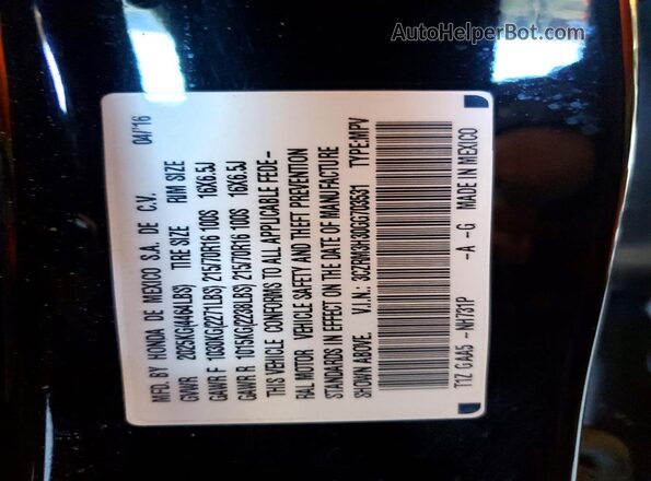 3CZRM3H30GG703531 2016 HONDA CR-V Black VIN sticker view