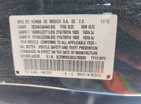 3CZRM3H33GG700039 2016 HONDA CR-V Black Vista de la etiqueta del VIN