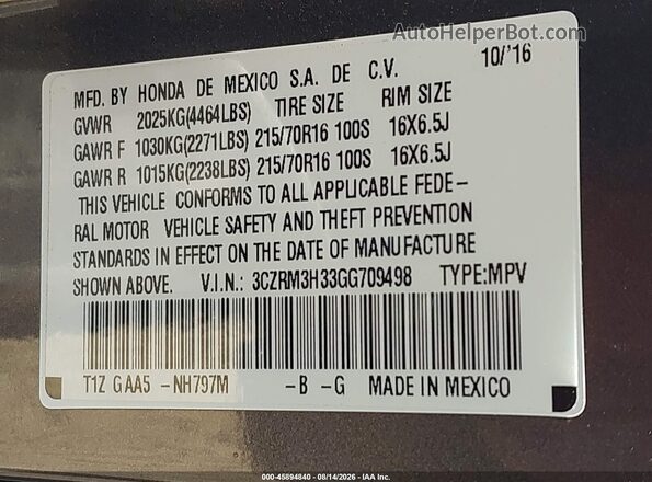 3CZRM3H33GG709498 2016 HONDA CR-V Gray Widok komory silnika