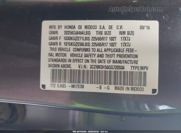 3CZRM3H56GG720934 2016 HONDA CR-V Gray Widok komory silnika