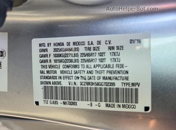 3CZRM3H58GG702399 2016 HONDA CR-V Silver Widok wnętrza 360 stopni