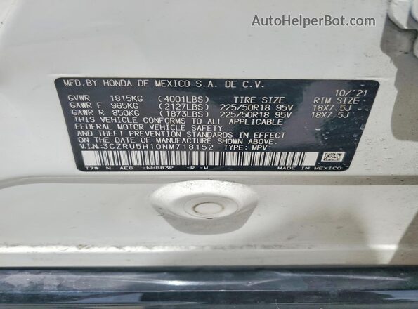 3CZRU5H10NM718152 2022 HONDA HR-V White VIN կոդի պիտակի տեսք