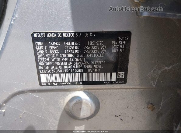 3CZRU5H14KG710369 2019 HONDA HR-V Gray Вид підкапотного простору