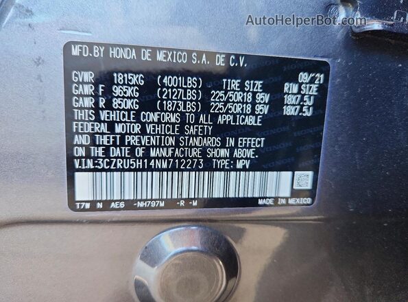 3CZRU5H14NM712273 2022 HONDA HR-V Gray VIN sticker view