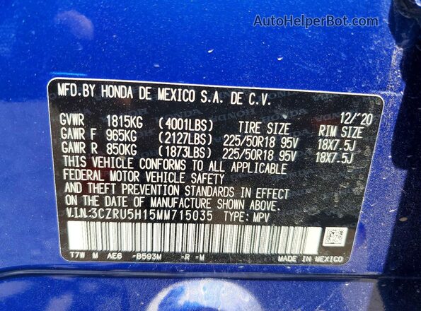 3CZRU5H15MM715035 2021 HONDA HR-V Blue Widok komory silnika
