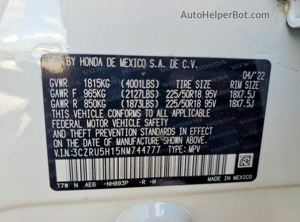 3CZRU5H15NM744777 2022 HONDA HR-V White Vista de la etiqueta del VIN