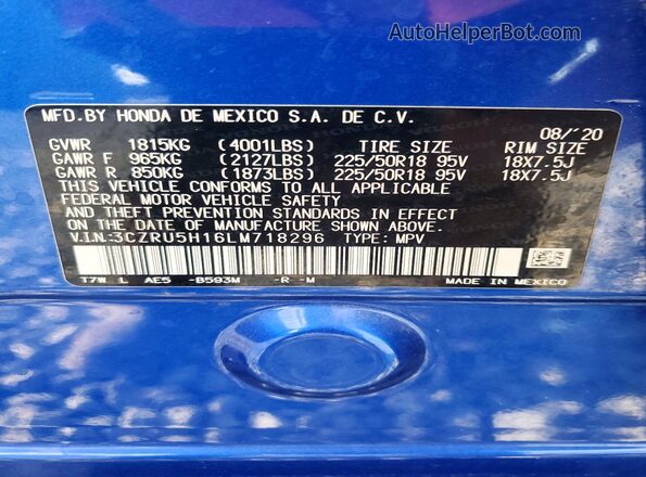 3CZRU5H16LM718296 2020 HONDA HR-V Blue VIN sticker view