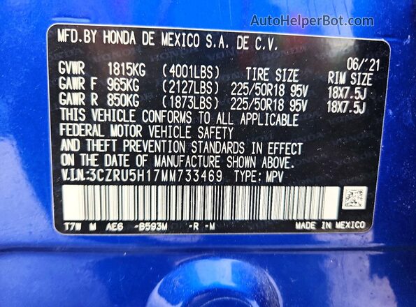 3CZRU5H17MM733469 2021 HONDA HR-V Blue Widok naklejki z numerem VIN