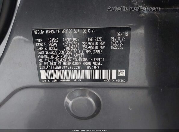3CZRU5H19KM722261 2019 HONDA HR-V Gray Vista del compartimento del motor