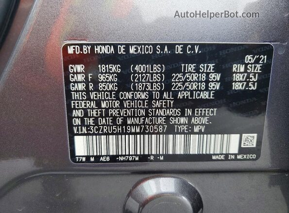 3CZRU5H19MM730587 2021 HONDA HR-V Серый Вид наклейки с VIN-кодом