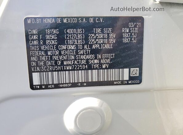 3CZRU5H1XMM722594 2021 HONDA HR-V White სალონის 360-გრადუსიანი ხედი
