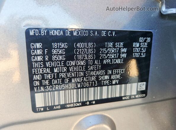 3CZRU5H30LM706713 2020 HONDA HR-V Серебряный Вид наклейки с VIN-кодом