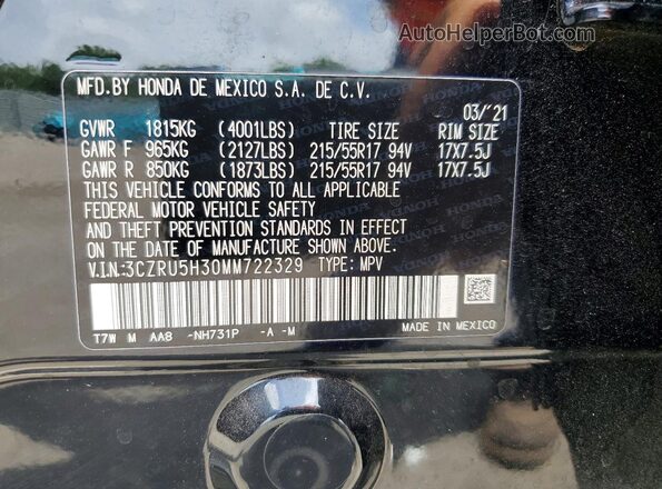 3CZRU5H30MM722329 2021 HONDA HR-V Black Vista de la etiqueta del VIN