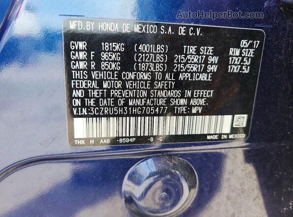 3CZRU5H31HG705477 2017 HONDA HR-V Blue Widok naklejki z numerem VIN
