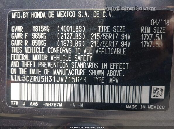 3CZRU5H31JM715644 2018 HONDA HR-V Gray Widok komory silnika