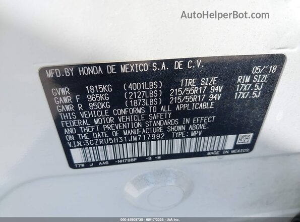 3CZRU5H31JM717992 2018 HONDA HR-V Белый Вид подкапотного пространства