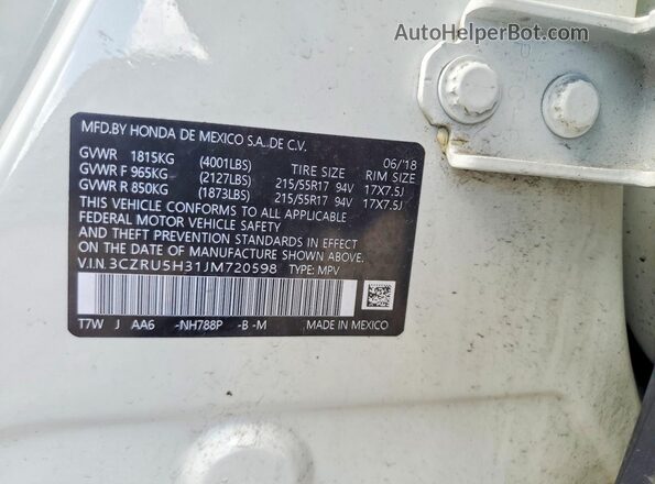 3CZRU5H31JM720598 2018 HONDA HR-V White Вид наклейки з VIN-кодом